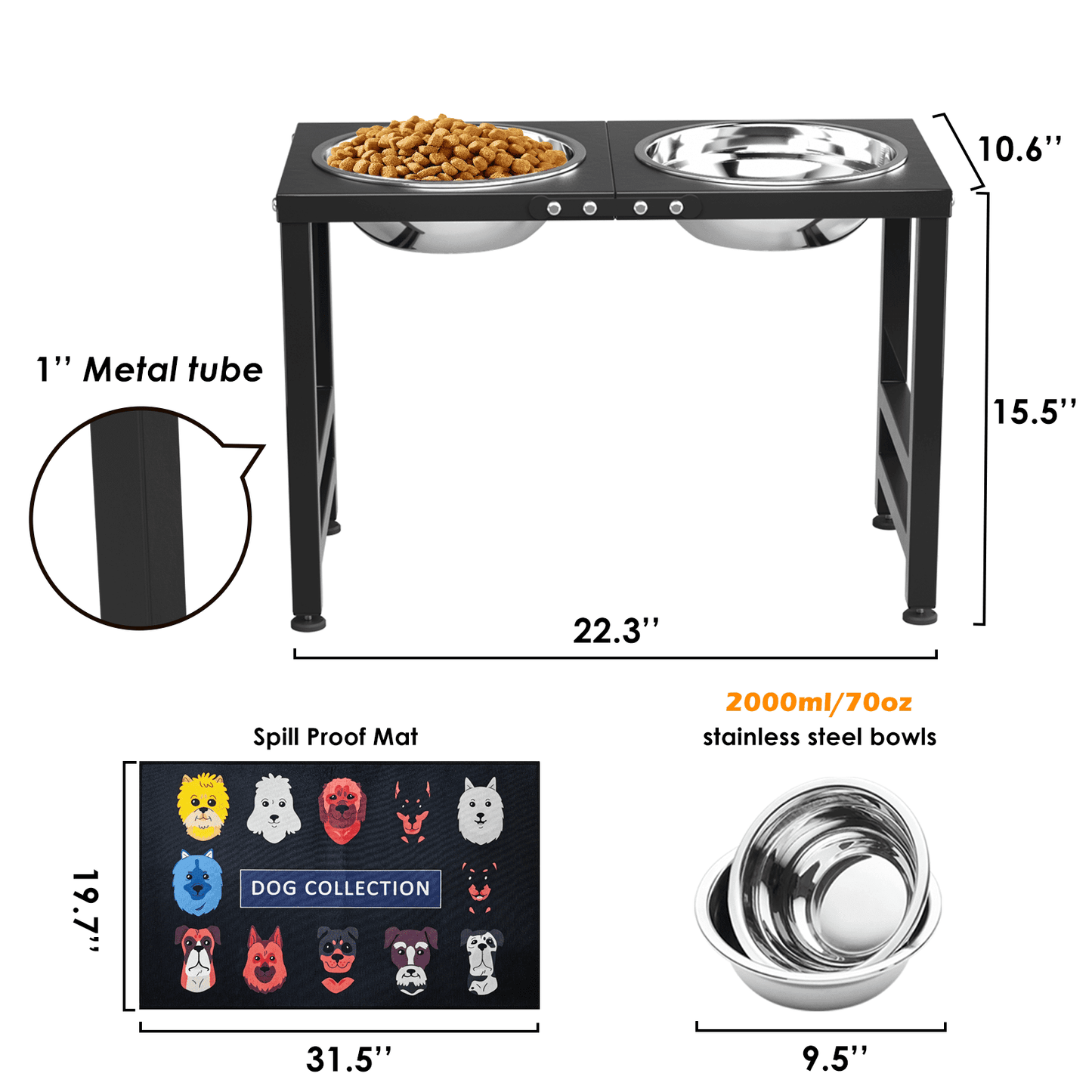 Dog Bowl Stand for Large Dogs with Sprill Proof Mat, Dog Food & Water Bowls 10" Tall Dog Feeder