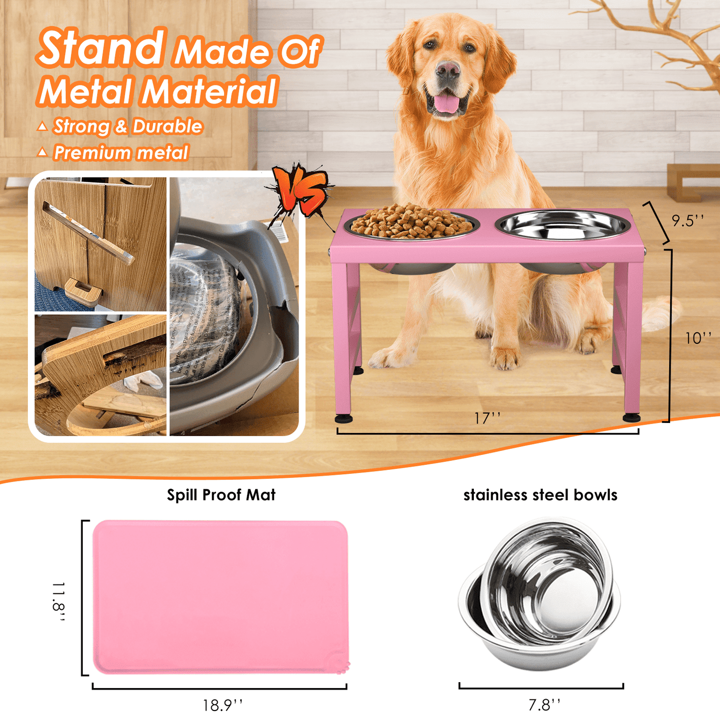 Dog Bowl Stand for Large Dogs with Sprill Proof Mat, Dog Food & Water Bowls 10" Tall Dog Feeder