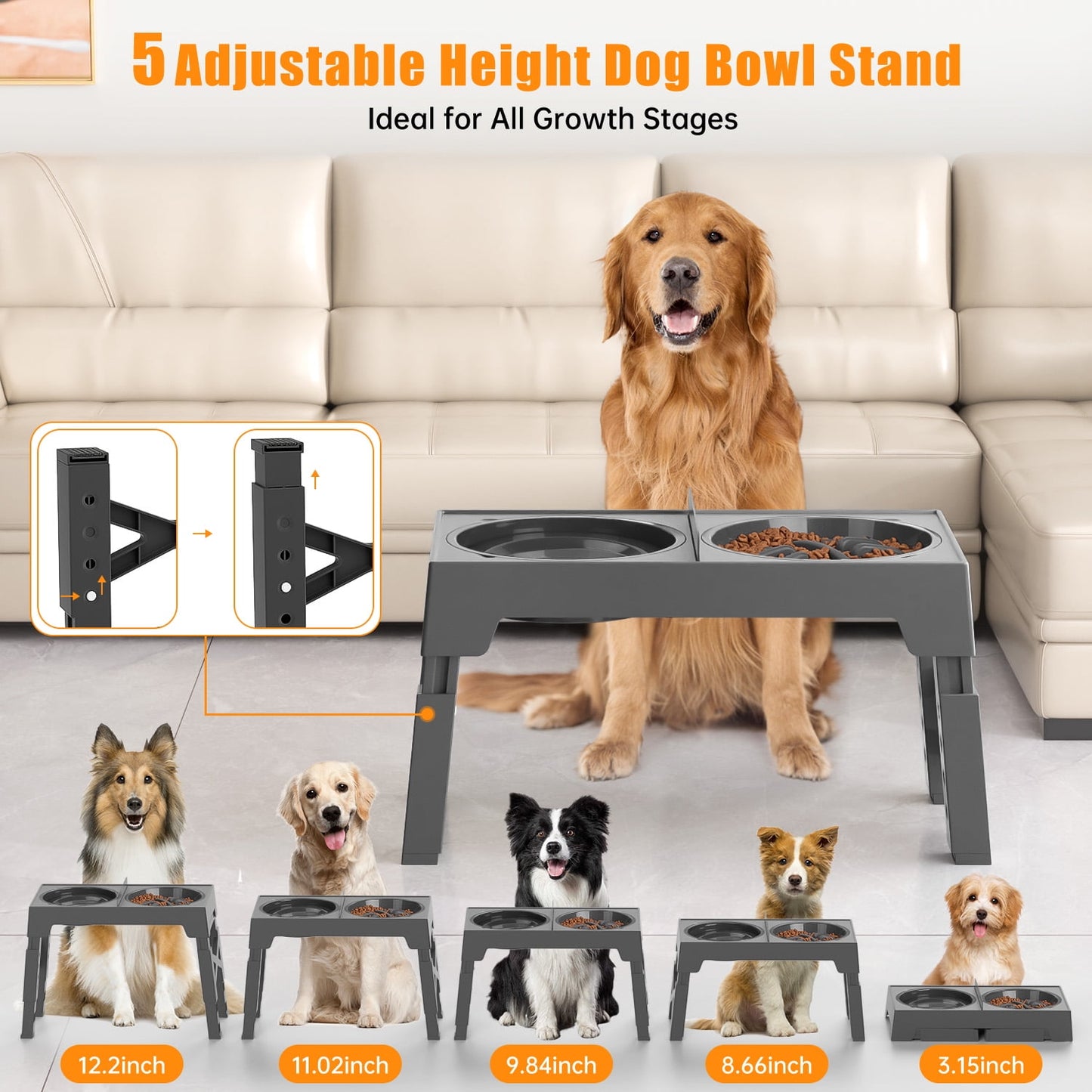 Dog Bowls Slow Feeder, 5 Height Adjustable Raised Dog Bowl Stand No Spill Dog Water Bowl Dispenser, Anti-Slip Dog Food and Water Bowl for Small Medium Large Dogs, Cats and Pets