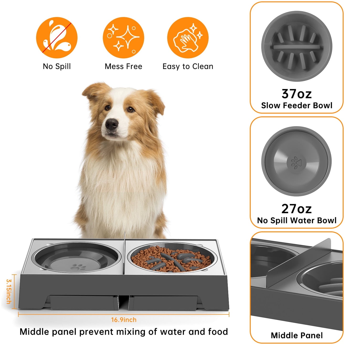 Dog Bowls Slow Feeder, 5 Height Adjustable Raised Dog Bowl Stand No Spill Dog Water Bowl Dispenser, Anti-Slip Dog Food and Water Bowl for Small Medium Large Dogs, Cats and Pets