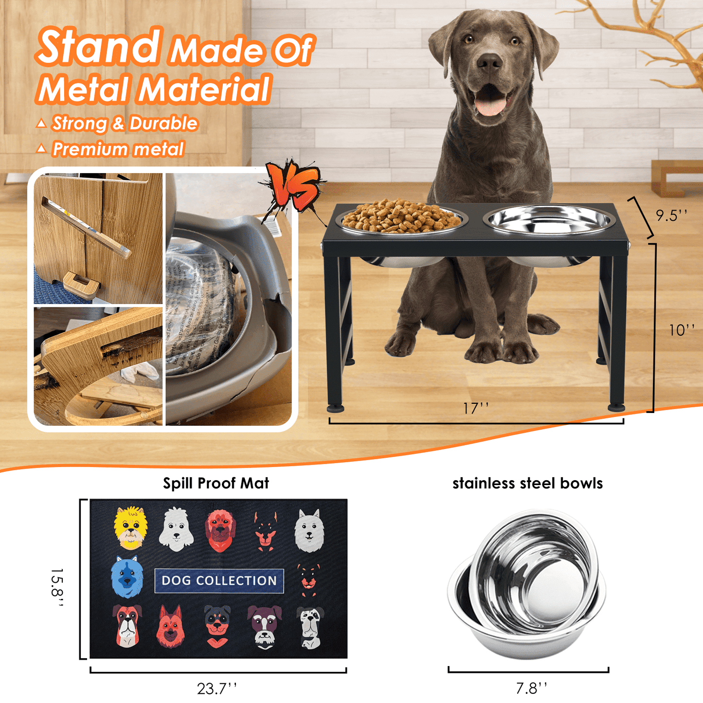 Dog Bowl Stand for Large Dogs with Sprill Proof Mat, Dog Food & Water Bowls 10" Tall Dog Feeder