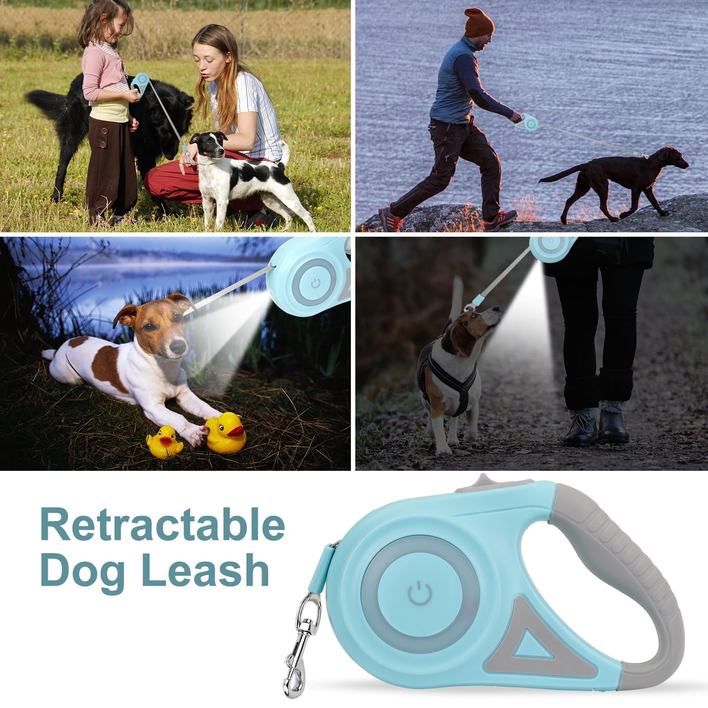 Dog Leash, 16ft with Light, Anti-Slip Handle, One Button Brake & Lock Tangle-Free Dog Retractable Leash