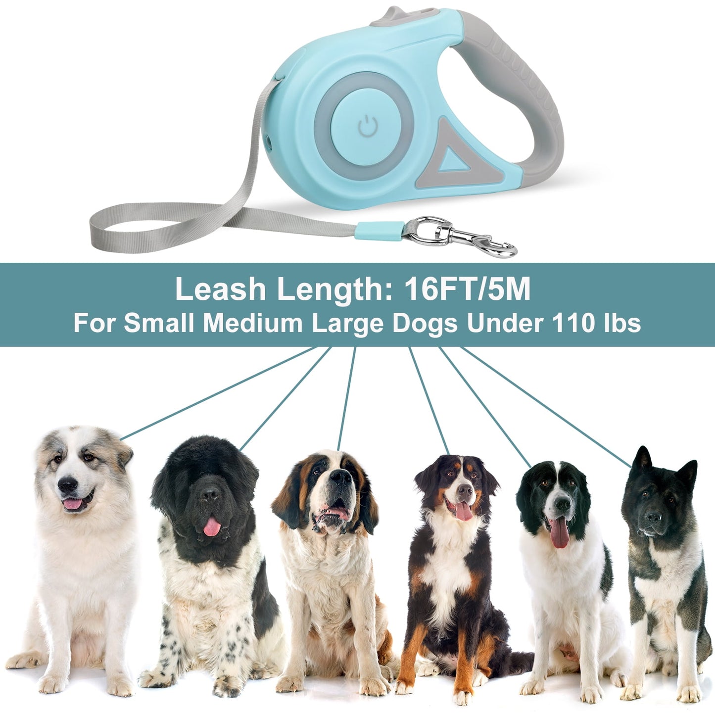 Dog Leash, 16ft with Light, Anti-Slip Handle, One Button Brake & Lock Tangle-Free Dog Retractable Leash