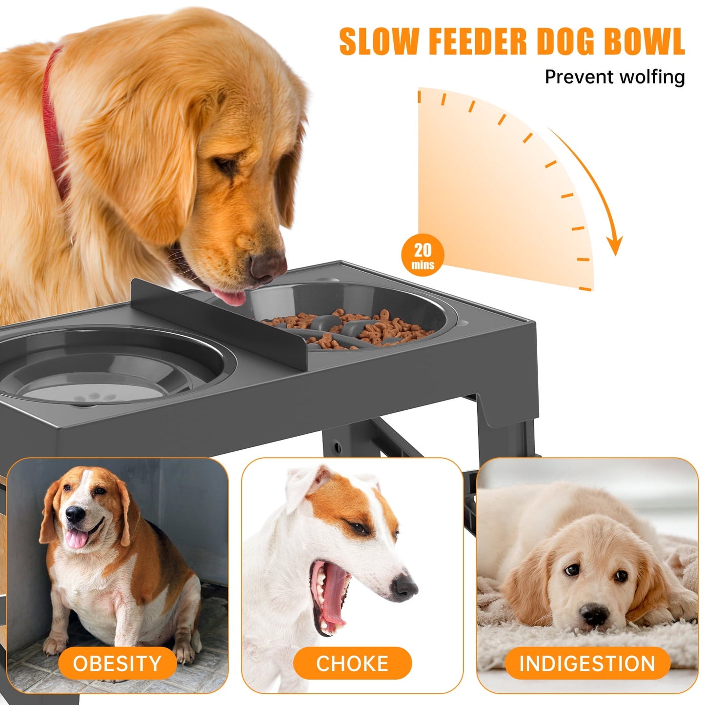 Dog Bowls Slow Feeder, 5 Height Adjustable Raised Dog Bowl Stand No Spill Dog Water Bowl Dispenser, Anti-Slip Dog Food and Water Bowl for Small Medium Large Dogs, Cats and Pets