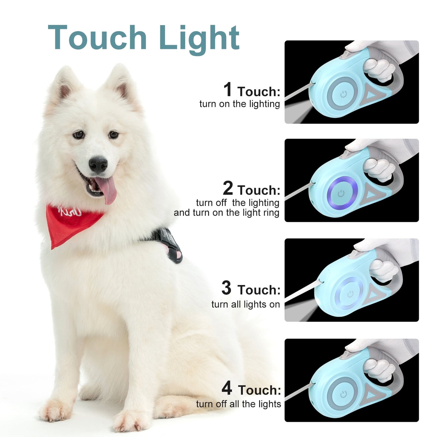 Dog Leash, 16ft with Light, Anti-Slip Handle, One Button Brake & Lock Tangle-Free Dog Retractable Leash