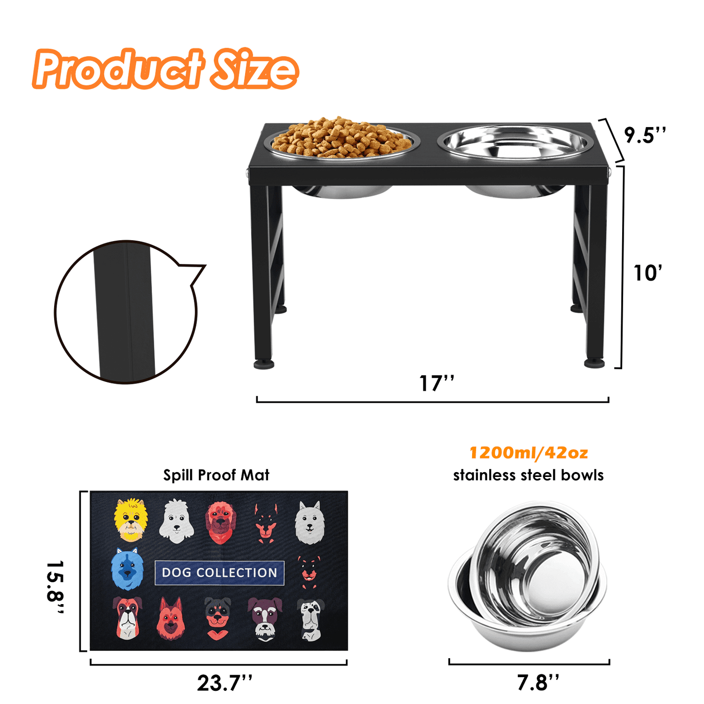 Dog Bowl Stand for Large Dogs with Sprill Proof Mat, Dog Food & Water Bowls 10" Tall Dog Feeder